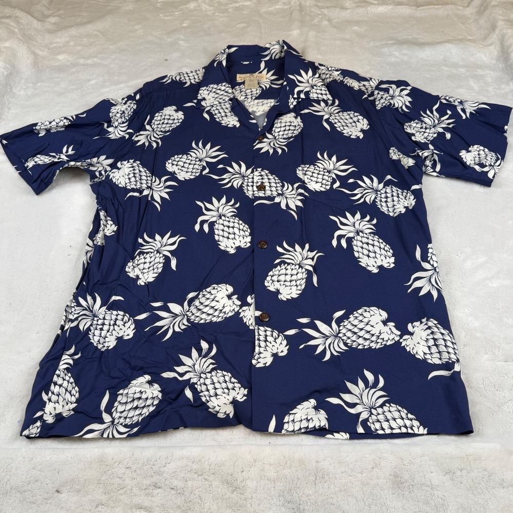 Pineapple Juice Mens Hawaiian Shirt Blue White Pineapple Print Rayon USA L 71043